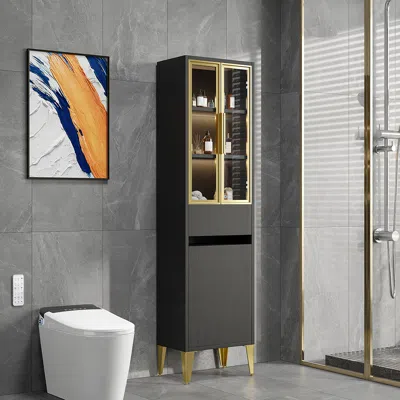 Homary Freestanding Bathroom Storage Cabinet With Led Lighted In Black & Gold In White