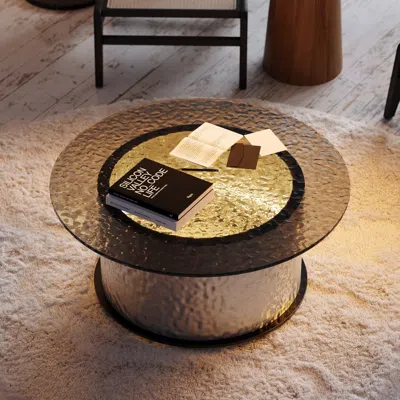 Homary Glass Top Round Pedestal Coffee Table Modern Led Black With Stainless Steel Base
