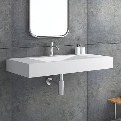 Homary Glossy White Wall-mount Floating Sink Solid Surface Stone Resin Bathroom V-shaped Sink