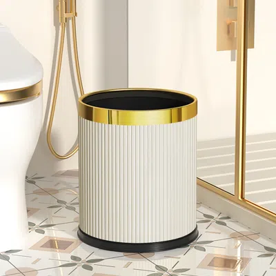 Homary Gold & White Round Trash Can Open Top Pu Leather & Metal Garbage Can For Bathroom
