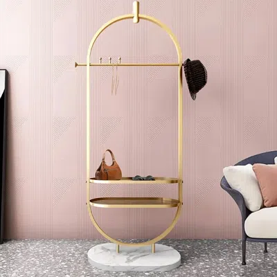 Homary Gold Clothing Rack Oval Garment Rack With 2-tier Shelves & Faux Marble Base