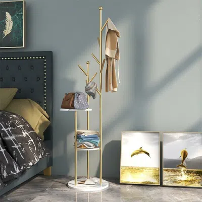 Homary Gold Standing Coat Rack With 9 Hooks And 2 Shelves Modern Entryway Clothing Rack