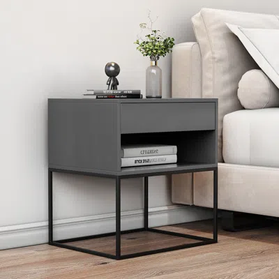 Homary Gray Bedroom Nightstand With Drawer Bedside Table Metal Base In Black