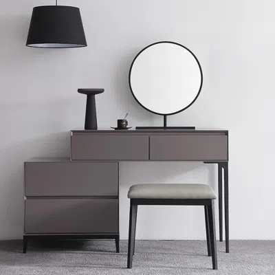 Homary Gray Makeup Vanity Set With Side Cabinet Dressing Table With Mirror & Drawers In Brown