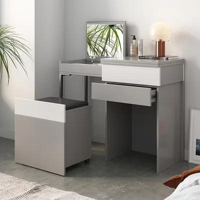 Homary Gray Makeup Vanity With Mirror Foldable Dressing Table With Stool & Hidden Drawer