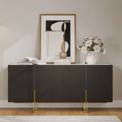 Homary Grovyn 63" Buffet Sideboard Sintered Stone Top  Black Fluted With Adjustable Shelves