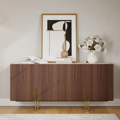 Homary Grovyn 63" Buffet Sideboard Sintered Stone Top Walnut Fluted With Adjustable Shelves In Brown
