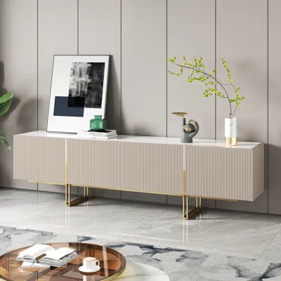 Homary Grovyn Minimalist 86.6" Off White Tv Stand Stone Top Media Console 4 Doors 6 Shelves