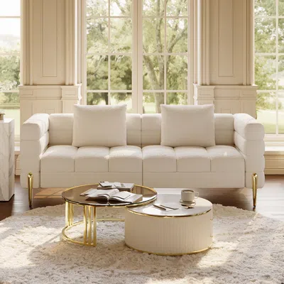 Homary Grovyn Modern Nesting Sintered Stone Top Off-white Round Glass Coffee Table Storage 78.7" Modern Whi In Neutral