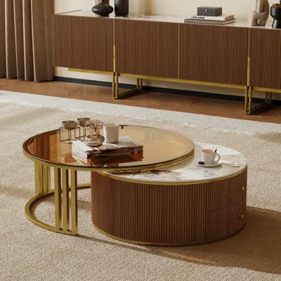Homary Grovyn Modern Nesting Sintered Stone Top Walnut Round Glass Coffee Table Storage In Gold