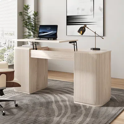 Homary Height Adjustable Standing Desk Executive Office Desk With 2 Doors & Ample Storage Office Furniture  In Neutral