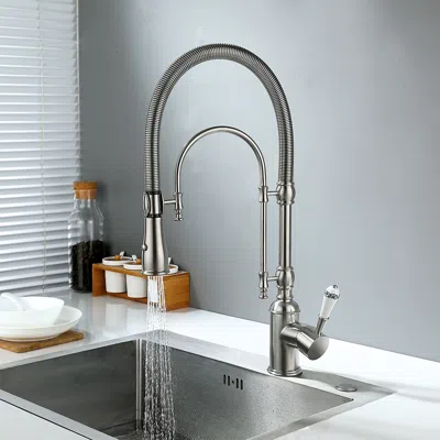 Homary High Arc Dual-mode Pull-down Kitchen Faucet Solid Brass With Porcelain Handle In Silver