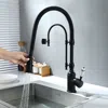 Homary High Arc Dual-mode Pull-down Kitchen Faucet Solid Brass With Porcelain Handle In Black