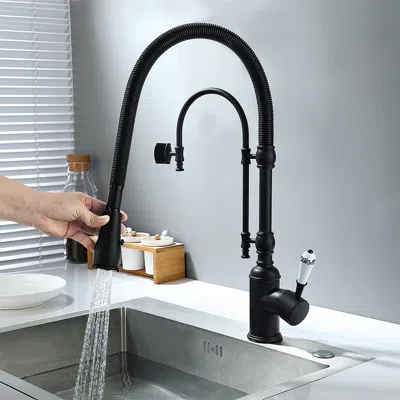 Homary High Arc Dual-mode Pull-down Kitchen Faucet Solid Brass With Porcelain Handle In Black