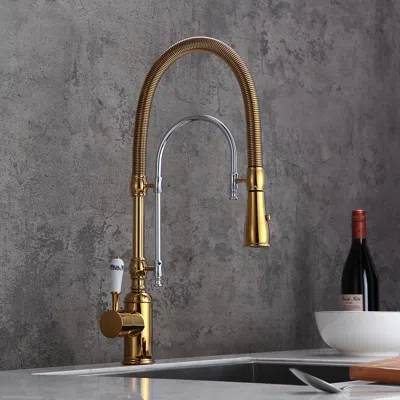 Homary High Arc Single Handle Kitchen Faucet Solid Brass Dual-mode Pull-down Sprayer Kitchen Sink Faucet Wi In Gold