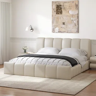 Homary Humply Modern Leather Wingback King Bed Frame With Upholstered Headboard In White