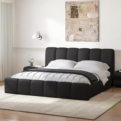 Homary Humply Modern Leather Wingback King Bed Frame With Upholstered Headboard In Black