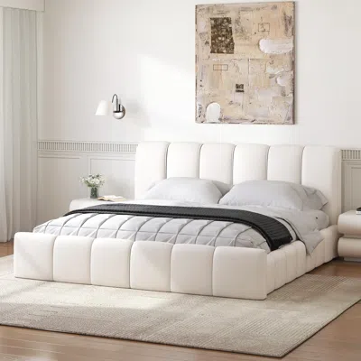 Homary Humply Modern Leather Wingback Queen Bed Frame With Upholstered Headboard In White