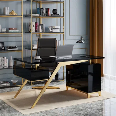 Homary Hungled 55" Modern Black And Gold Office Wooden Writing Desk With Storage File Cabinet