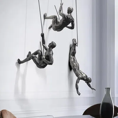 Homary Industrial 3 Pieces Climbing Man Resin Wall Decor In Silver For Living Room & Entryway In Gray