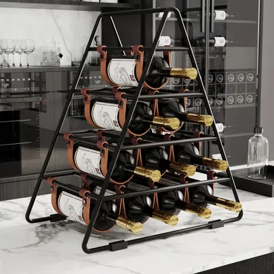 Homary Industrial Black Wine Rack Countertop Faux Leather Triangle 10 Bottles Wine Holder Metal