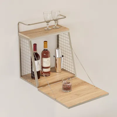 Homary Industrial Floating Bar Table With Storage Natural Wood Hanging Cocktail Bar In Brown