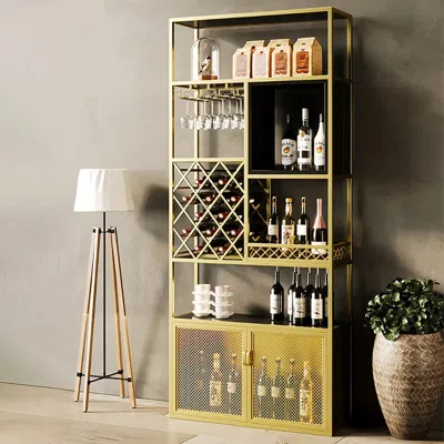Homary Industrial Gold 5-tier Freestanding Wine Rack Storage With Glass Holder In Brown