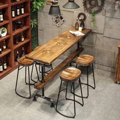 Homary Industrial Long Bar Height Table Set For 4 Wooden 5 Piece Breakfast Table And Bar Stools With Footre In Brown