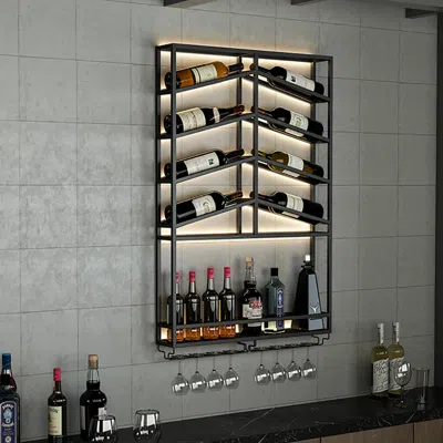 Homary Industrial Metal Wall Mounted Black Wine Rack With Glass & Bottle Rack