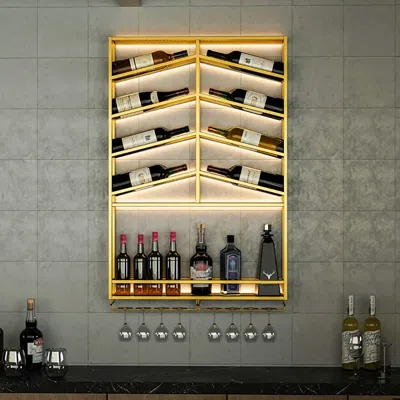 Homary Industrial Metal Wall Mounted Gold Wine Rack With Glass & Bottle Rack