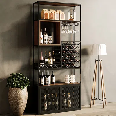 Homary Industrial Tall Black Bar Wine Rack Cabinet With Glass Holder Wood 5-tier Home Bar Cabinet