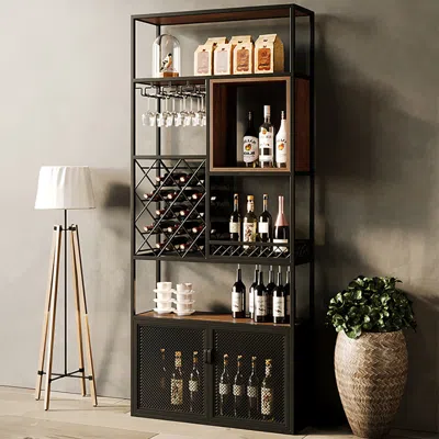 Homary Industrial Tall Black Bar Wine Rack Cabinet With Glass Holder Wood Floor Home Bar Cabinet With Stora