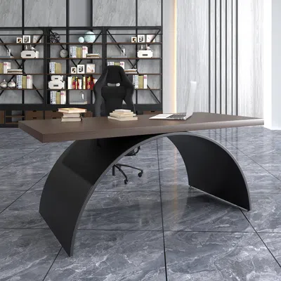 Homary Industrial Walnut Rectangular Writing Desk Solid Wood Metal Base Home Office Desk Office Furniture ( In Black