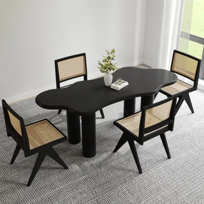 Homary Irregular Dining Table & 4 Dining Chairs Set 71" Japandi Black Table Archic Rattan Side Ash Wood Cha
