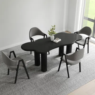 Homary Irregular Dining Table & 4 Dining Chairs Set 71" Japandi Black Table Gray Linen Upholstered Chairs