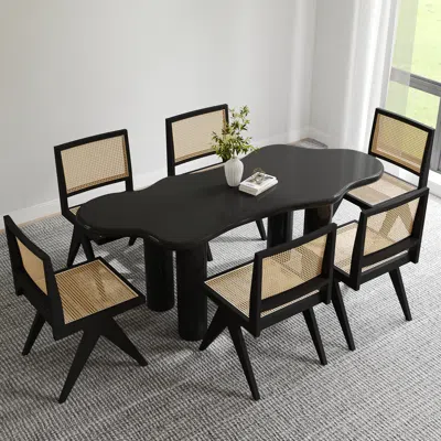Homary Irregular Dining Table & 6 Dining Chairs Set 71" Japandi Black Table Archic Rattan Side Ash Wood Cha