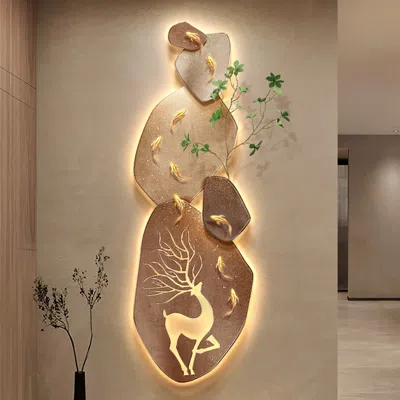 Homary Japandi 3d Deer Led Light Wall Decorative Painting Creative Living Room Decor In Gold