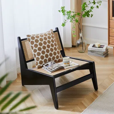Homary Japandi Black Rattan And Wood Lounge Chair Accent Chair For Living Room