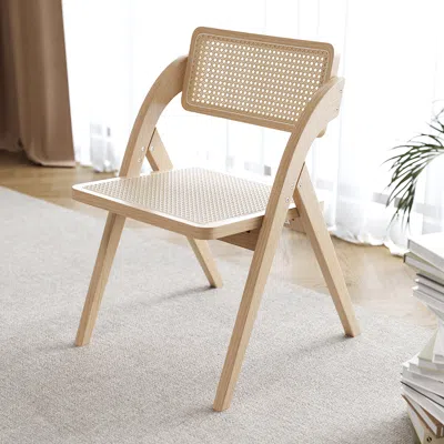 Homary Japandi Dining Chairs Solid Wood Folding Rattan Side Chair Set Of 2 Dining Room Chairs In Neutral