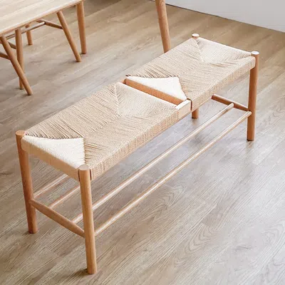 Homary Japandi Natural Dining Room Bench Rattan Bench With Wood Legs In Brown
