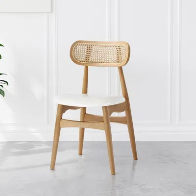 Homary Japandi Rattan Dining Chair Faux Leather Upholstered Ash Wooden Natural Kitchen Chairs In Brown