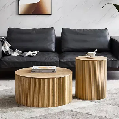 Homary Japandi Round Wood Coffee Table Set Of 2 With Storage In Natural In Brown