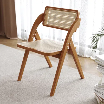 Homary Japandi Walnut Folding Dining Chair Solid Wood Rattan Side Chair 8-pieces In Brown