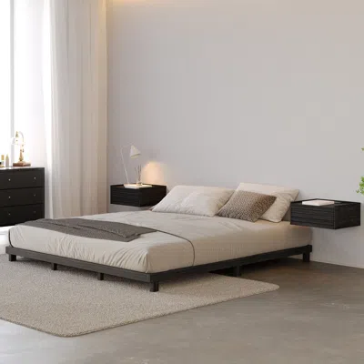 Homary Japanese Style Queen Low Bed Frame Whitewash Floor Bed In Neutral