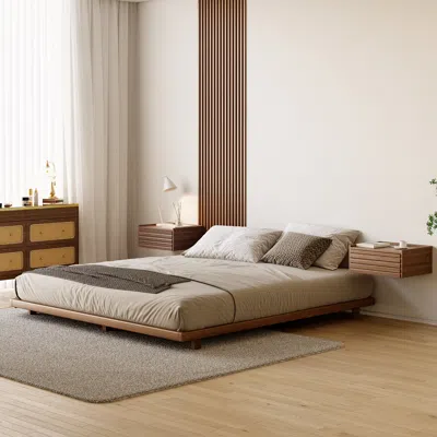 Homary Japanese Style Queen Low Bed Frame Wooden Floor Bed In Walnut In Brown