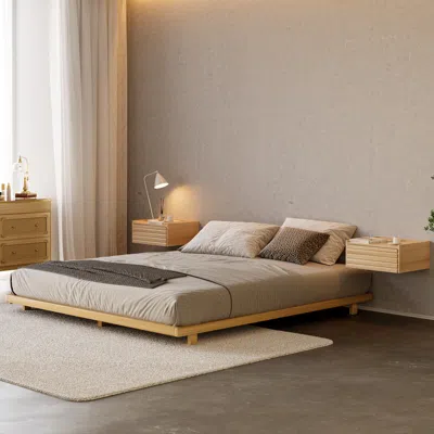 Homary Japanese Style Queen Low Bed Frame Wooden Floor Bed In Walnut In Brown