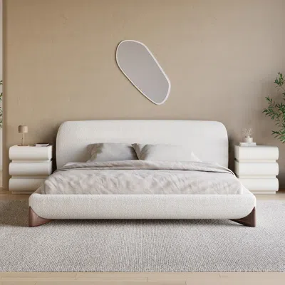 Homary King Bedroom Set Boucle King Size Platform Bed Frame & 2 3-drawer White Leather Smart Nightstands