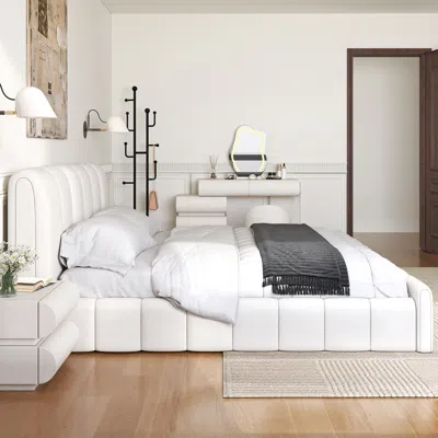 Homary King Bedroom Set Wingback King Bed Frame With Headboard & White Pu Leather Makeup Vanity Desk Set