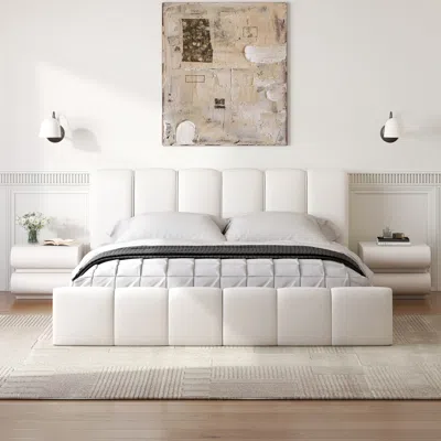 Homary King Bedroom Set Wingback King Size Bed Frame With Headboard & 2 White Leather Smart Nightstands Set
