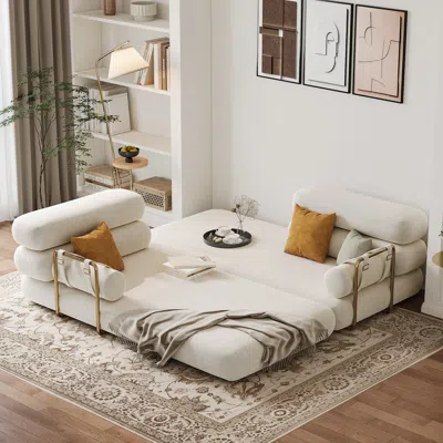 Homary King Size Beige Velvet Convertible Sleeper Couch 81" Modern 3-seater Futon Sofa Bed In White